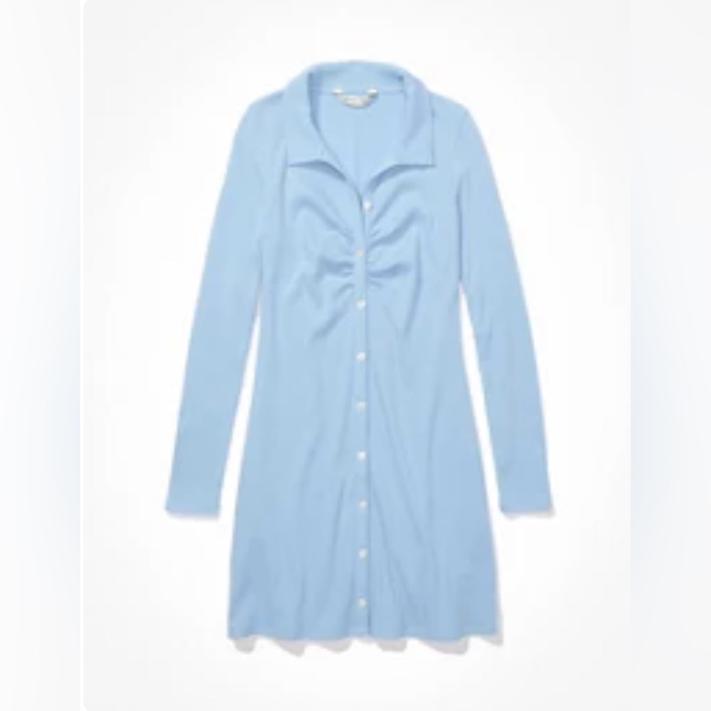 American Eagle Outfitters Light Blue ruched front long sleeve mini dress